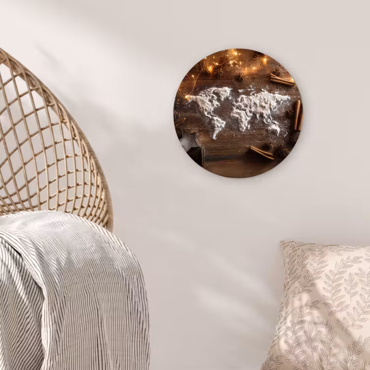 Wereldkaart - Poedersuiker - Hout Wandcirkel plexiglas klein -sfeer5