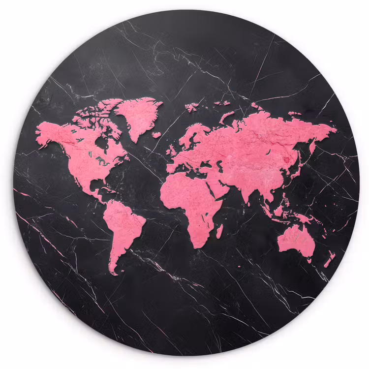 Wereldkaart - Roze - Marmer Wandcirkel plexiglas klein -3d