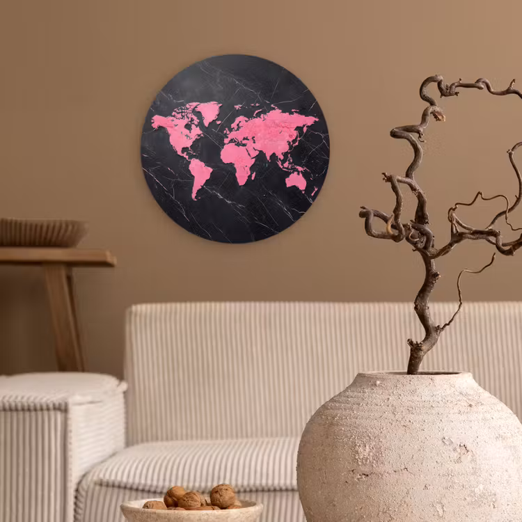 Wereldkaart - Roze - Marmer Wandcirkel plexiglas klein -sfeer1