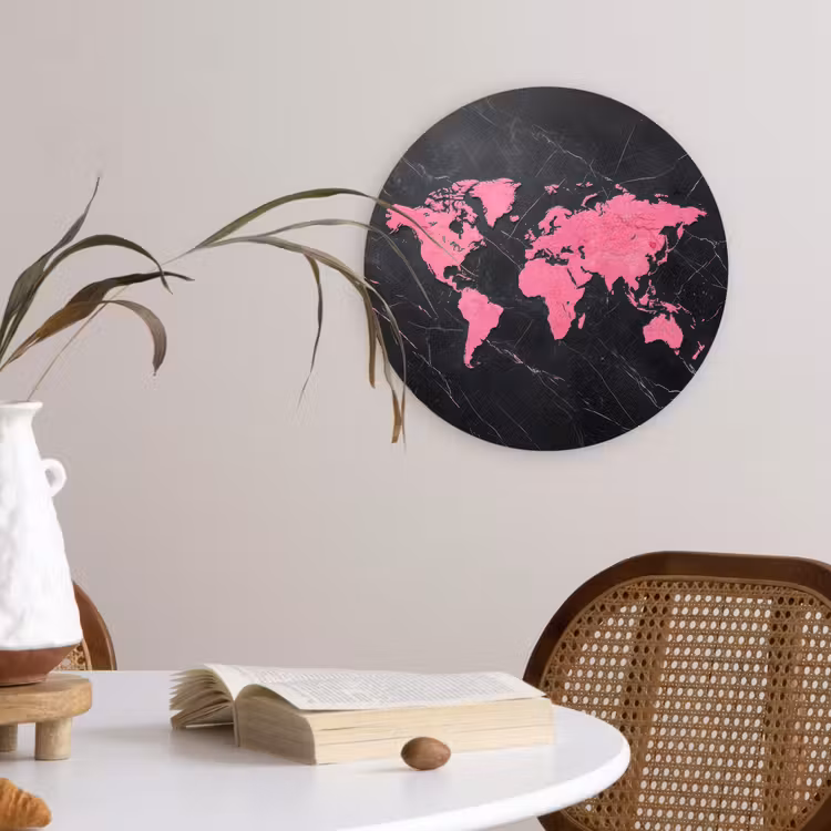 Wereldkaart - Roze - Marmer Wandcirkel plexiglas klein -sfeer4