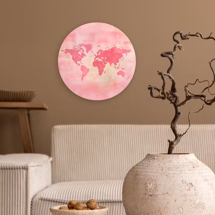 Wereldkaart - Roze - Vaag Wandcirkel plexiglas klein -sfeer1