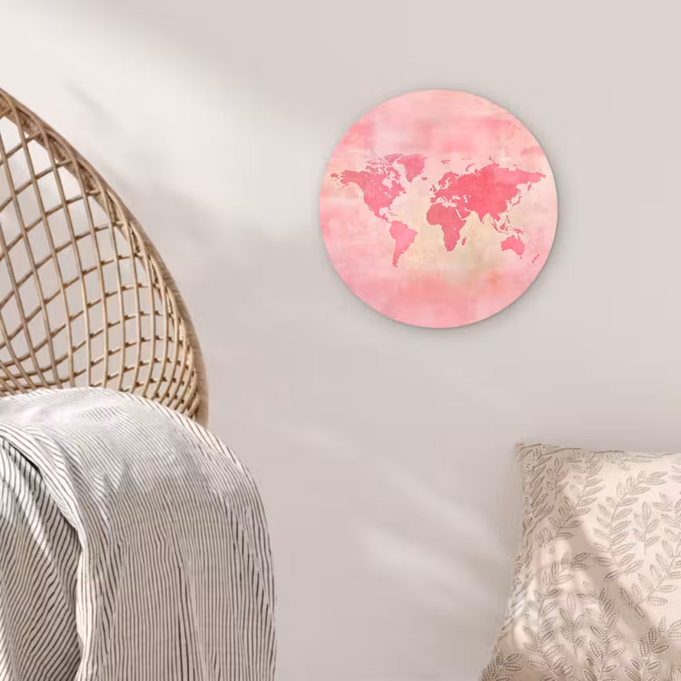 Wereldkaart - Roze - Vaag Wandcirkel plexiglas klein -sfeer5