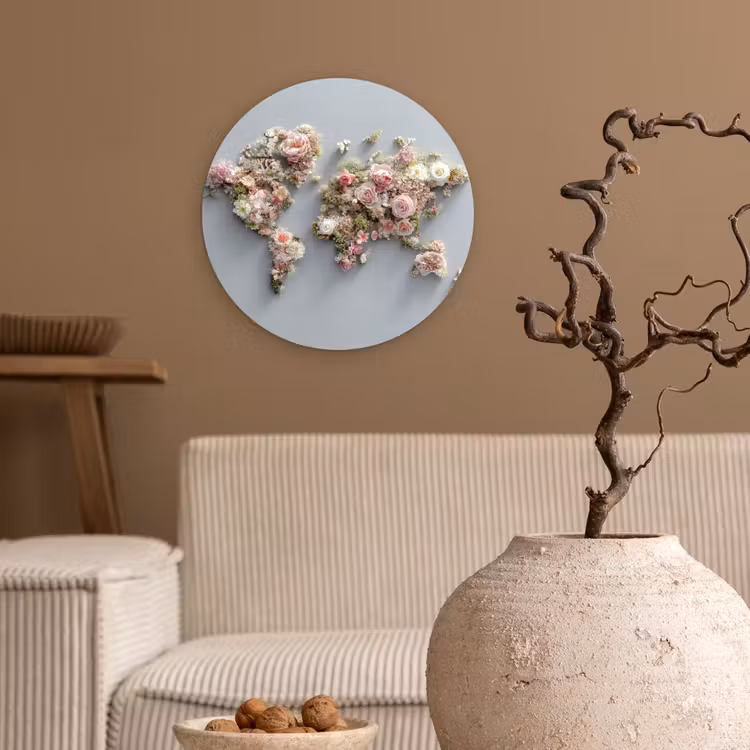 Wereldkaart - Rozen - Roze Wandcirkel plexiglas klein -sfeer1