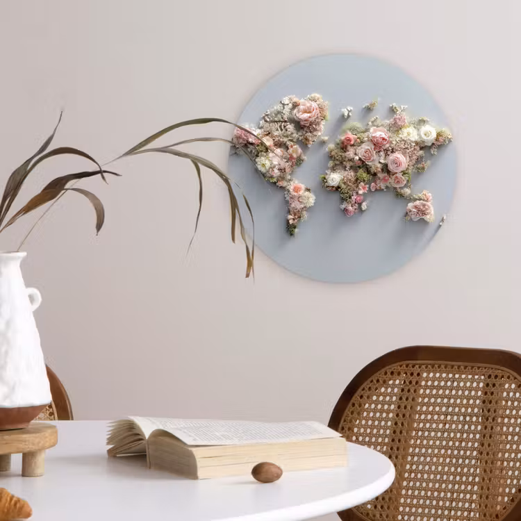 Wereldkaart - Rozen - Roze Wandcirkel plexiglas klein -sfeer4
