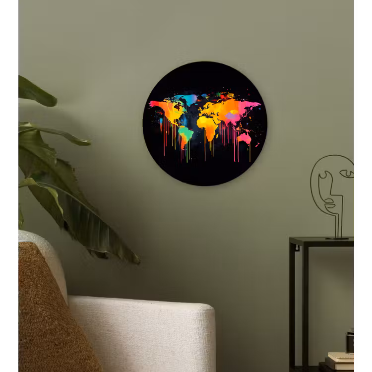 Wereldkaart - Verf - Kleurrijk - Graffiti - Wereld Wandcirkel plexiglas klein -sfeer3