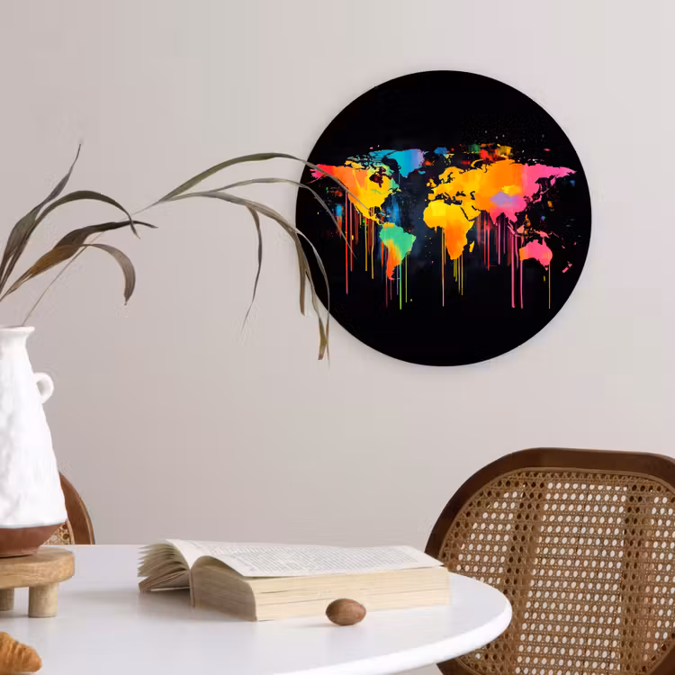 Wereldkaart - Verf - Kleurrijk - Graffiti - Wereld Wandcirkel plexiglas klein -sfeer4