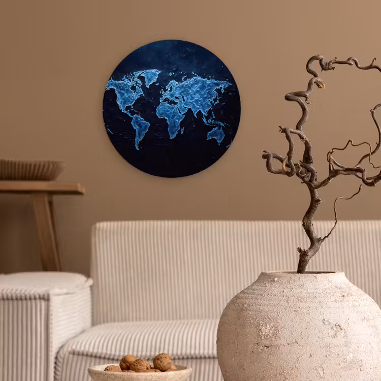Wereldkaart - Waterstructuur - Blauw Wandcirkel plexiglas klein -sfeer1