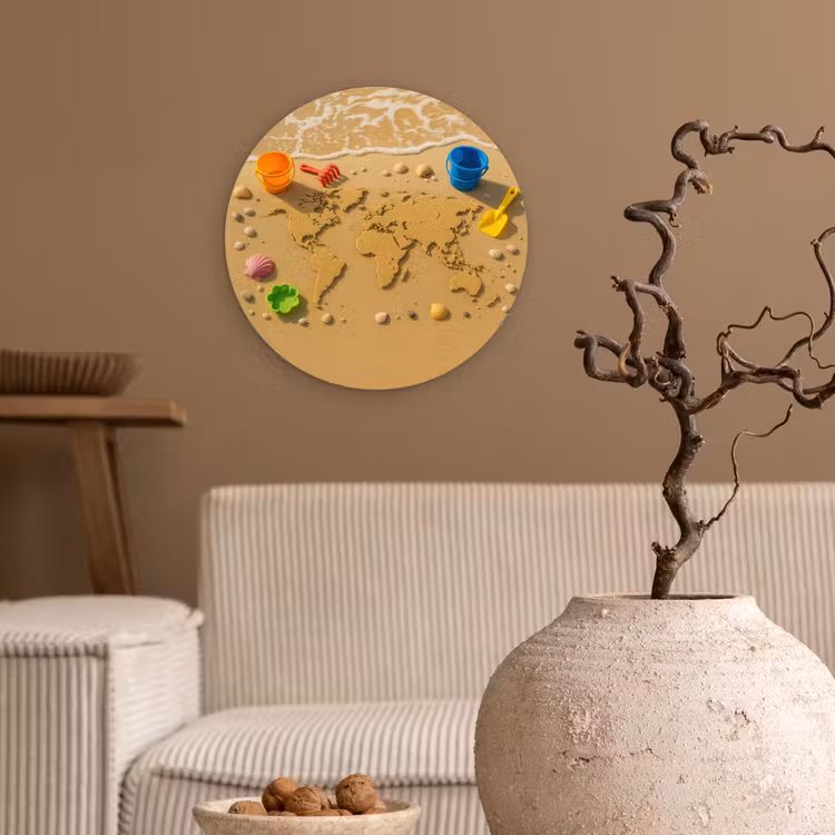 Wereldkaart - Zand - Kleurrijk - Zomer Wandcirkel plexiglas klein -sfeer1