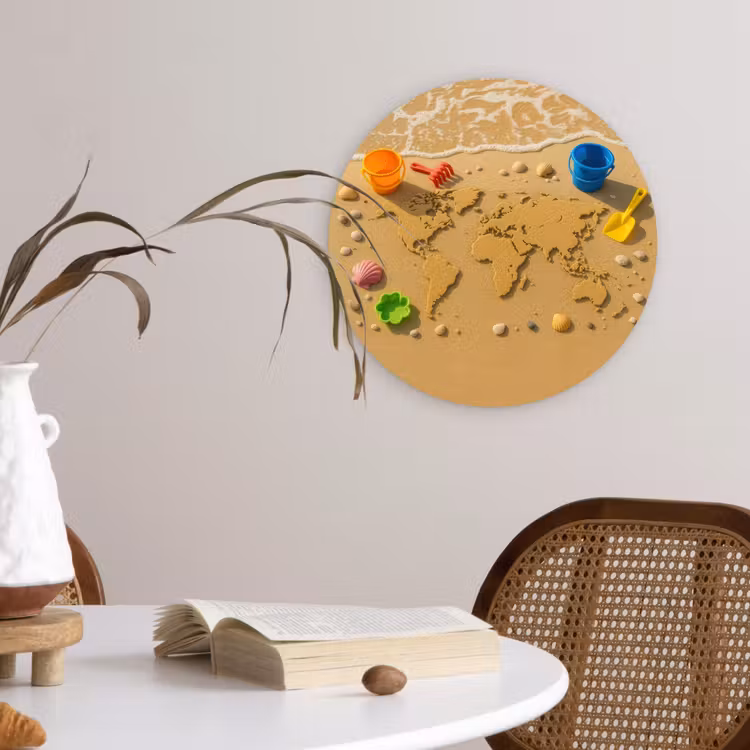 Wereldkaart - Zand - Kleurrijk - Zomer Wandcirkel plexiglas klein -sfeer4