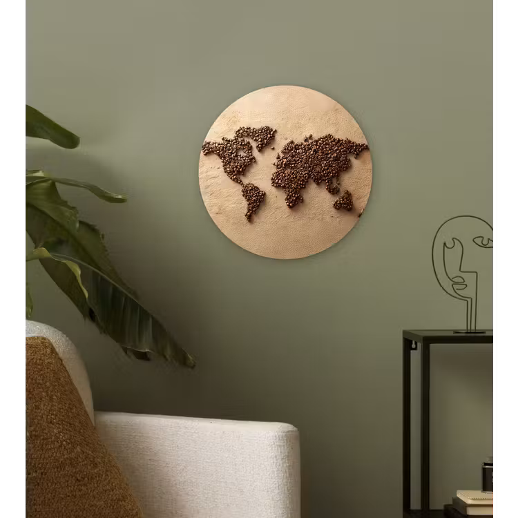 Wereldkaart - Zandkleur - Koffiebonen Wandcirkel plexiglas klein -sfeer3