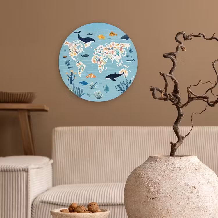 Wereldkaart - Zeeleven - Blauw Wandcirkel plexiglas klein -sfeer1