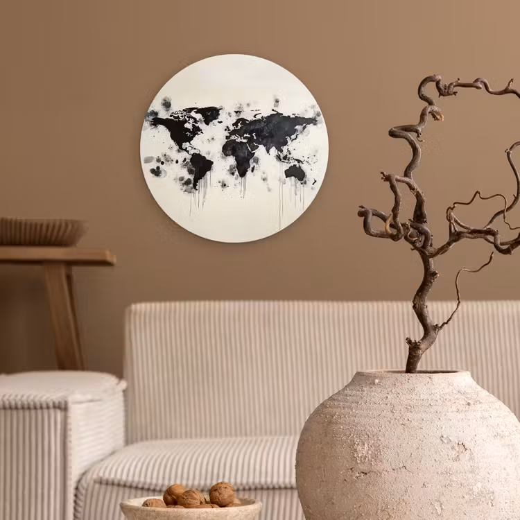Wereldkaart - Zwart - Inkt Wandcirkel plexiglas klein -sfeer1