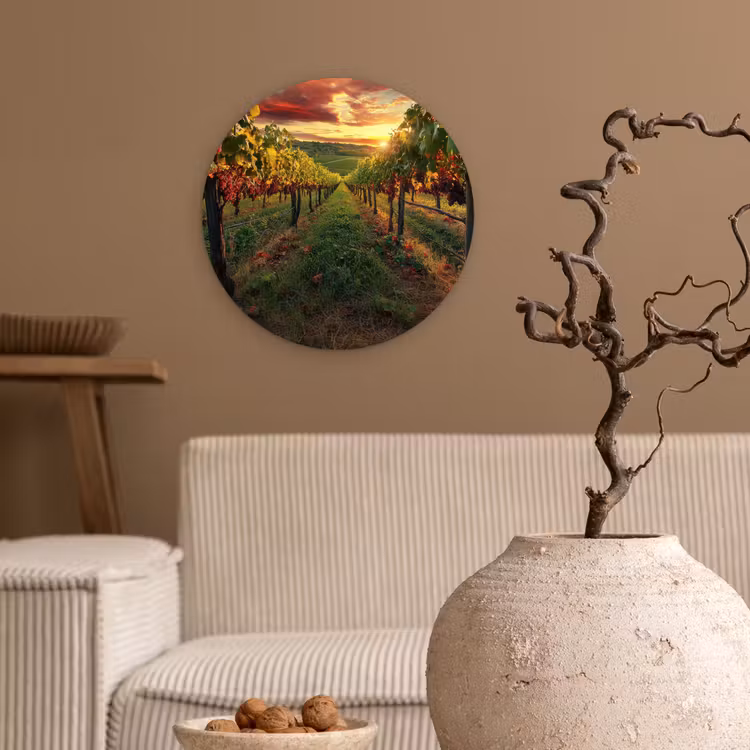 Wijngaard - Druiven - Zonsondergang Wandcirkel plexiglas klein -sfeer1