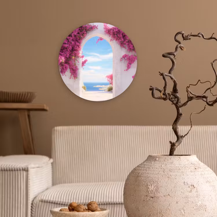 Zee - Roze - Bloemen - Poort Wandcirkel plexiglas klein -sfeer1