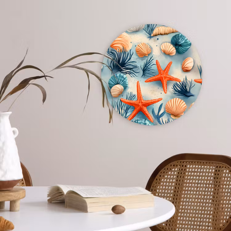 Zeesterren - Schelpen - Illustratie - Zand Wandcirkel plexiglas klein -sfeer4
