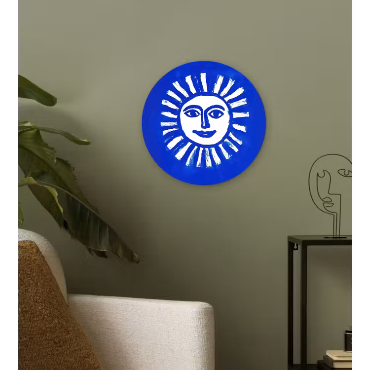 Zon - Gezicht - Penseelstructuur - Blauw Wandcirkel plexiglas klein -sfeer3