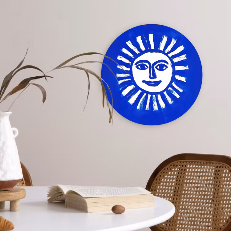 Zon - Gezicht - Penseelstructuur - Blauw Wandcirkel plexiglas klein -sfeer4