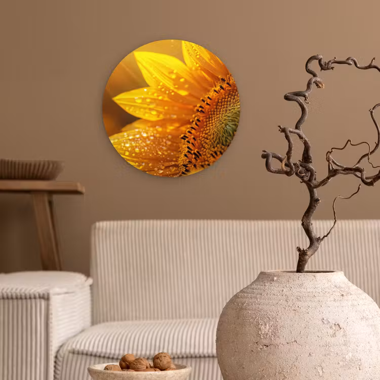Zonnebloem - Dauwdruppels - Geel - Zonlicht Wandcirkel plexiglas klein -sfeer1