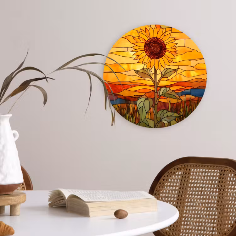 Zonnebloem - Mozaïek - Zonsondergang - Geel Wandcirkel plexiglas klein -sfeer4