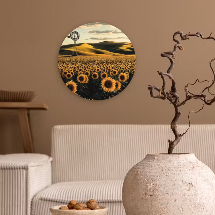 Zonnebloem - Veld - Windmolen Wandcirkel plexiglas klein -sfeer1