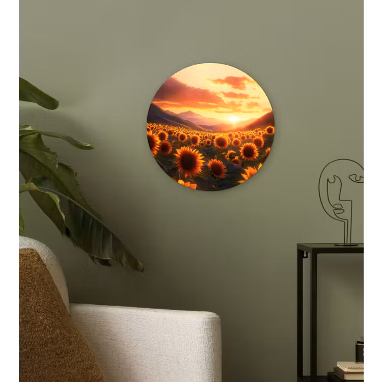 Zonnebloemen - Zonsondergang - Landschap Wandcirkel plexiglas klein -sfeer3