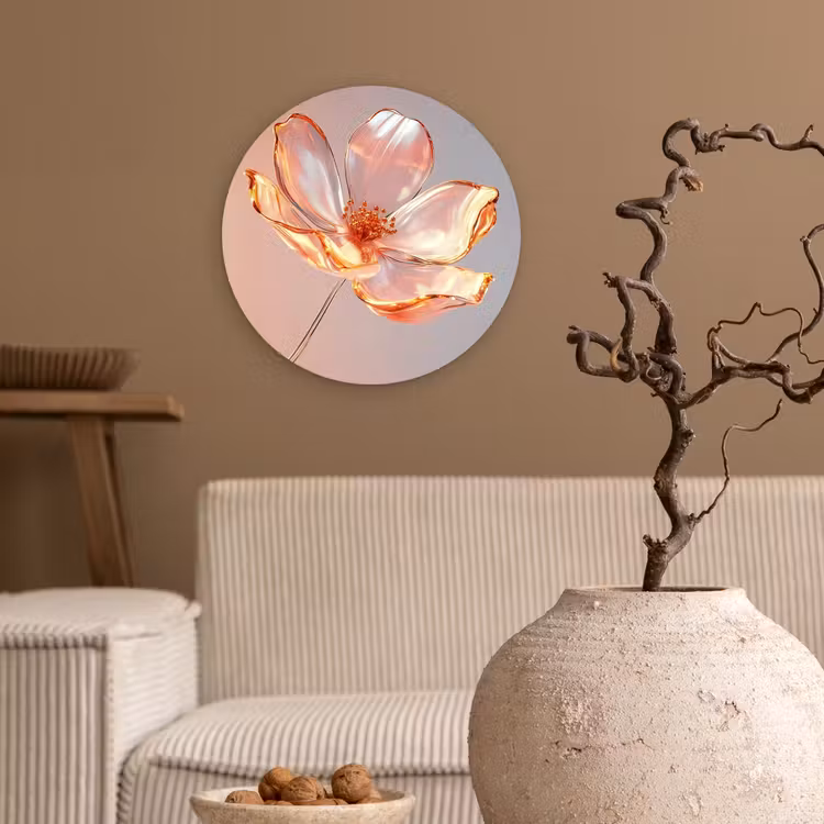 Glazen - Bloem - Roze Wandcirkel kunststof plaat 5mm dik klein -sfeer1
