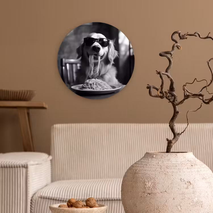 Golden Retriever - Hond - Vrolijk - Bord spaghetti - Zwart - wit Wandcirkel kunststof plaat 5mm dik klein -sfeer1