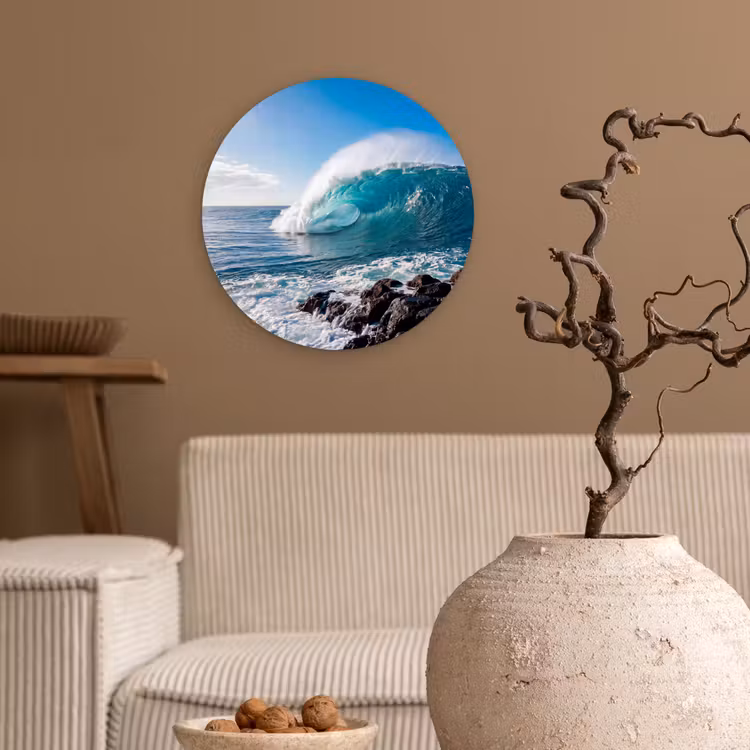 Golf - Oceaan - Brekend - Water - Blauw Wandcirkel kunststof plaat 5mm dik klein -sfeer1
