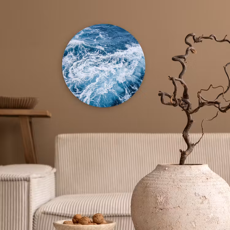 Golven - Oceaan - Blauw Wandcirkel kunststof plaat 5mm dik klein -sfeer1