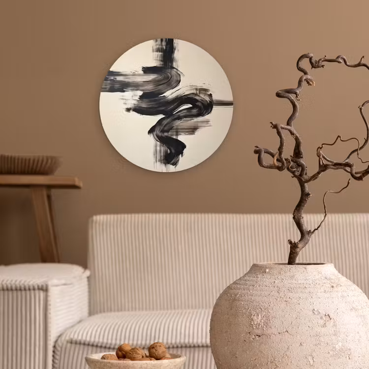 Golven - Penseelstreken - Beige - Minimalistisch Wandcirkel kunststof plaat 5mm dik klein -sfeer1