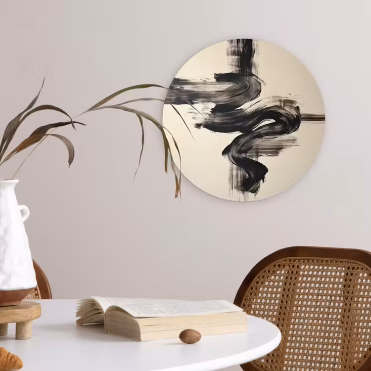 Golven - Penseelstreken - Beige - Minimalistisch Wandcirkel kunststof plaat 5mm dik klein -sfeer4