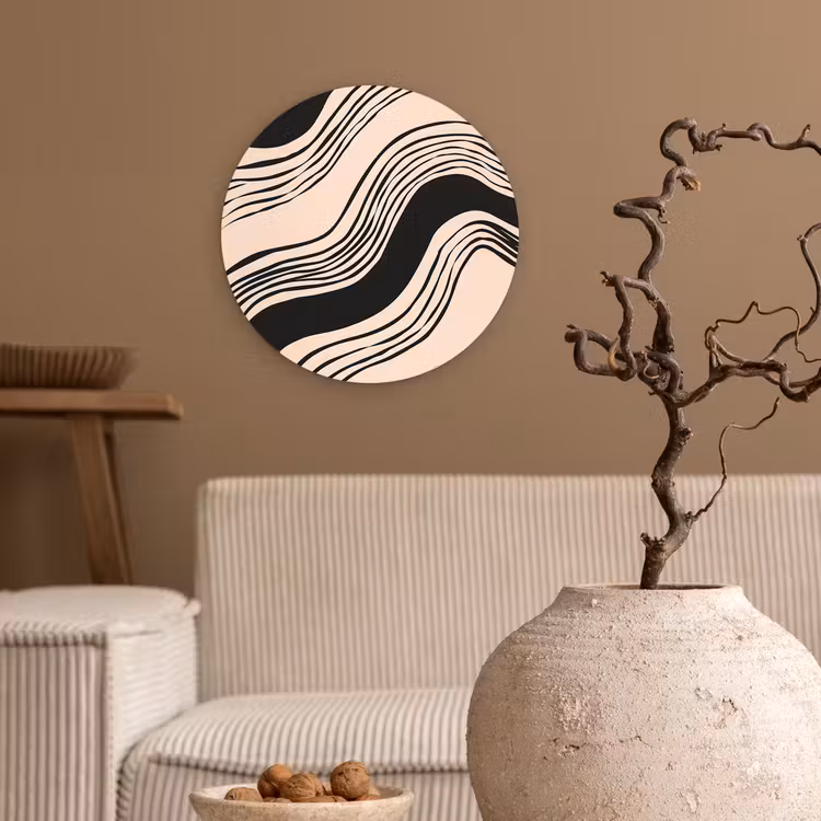 Golven - Zwart - Zandkleur Wandcirkel kunststof plaat 5mm dik klein -sfeer1