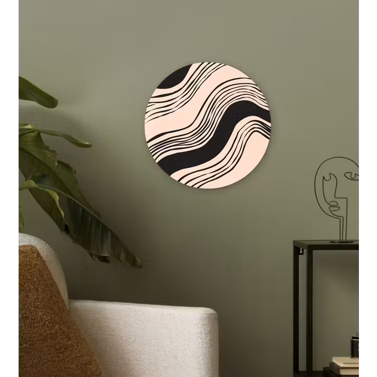 Golven - Zwart - Zandkleur Wandcirkel kunststof plaat 5mm dik klein -sfeer3