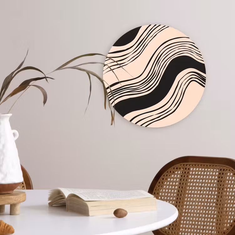 Golven - Zwart - Zandkleur Wandcirkel kunststof plaat 5mm dik klein -sfeer4