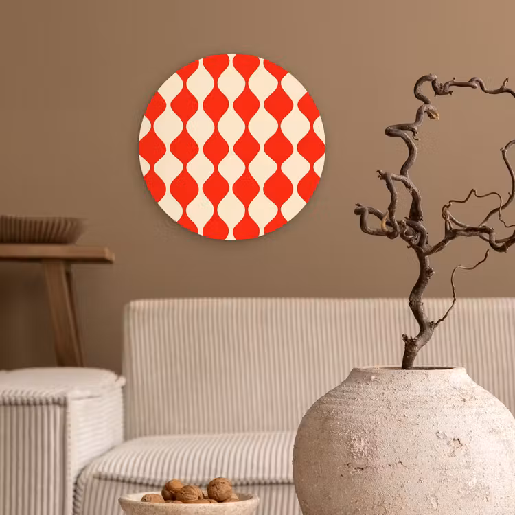 Golvend patroon - Retro - Rood - Beige Wandcirkel kunststof plaat 5mm dik klein 188 -sfeer1