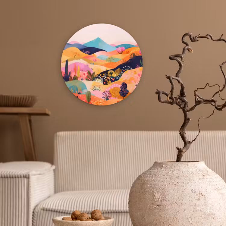 Golvende heuvels - Abstracte planten - Dromerig Wandcirkel kunststof plaat 5mm dik klein -sfeer1