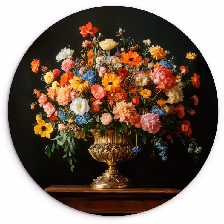Goud - Bloemen - Kleuren - Vaas Wandcirkel kunststof plaat 5mm dik klein -3d