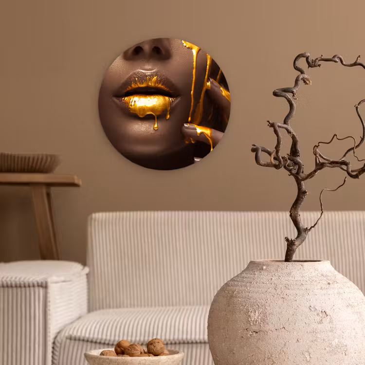Goud - Vrouw - Verf - Lippen - Luxe Wandcirkel kunststof plaat 5mm dik klein -sfeer1