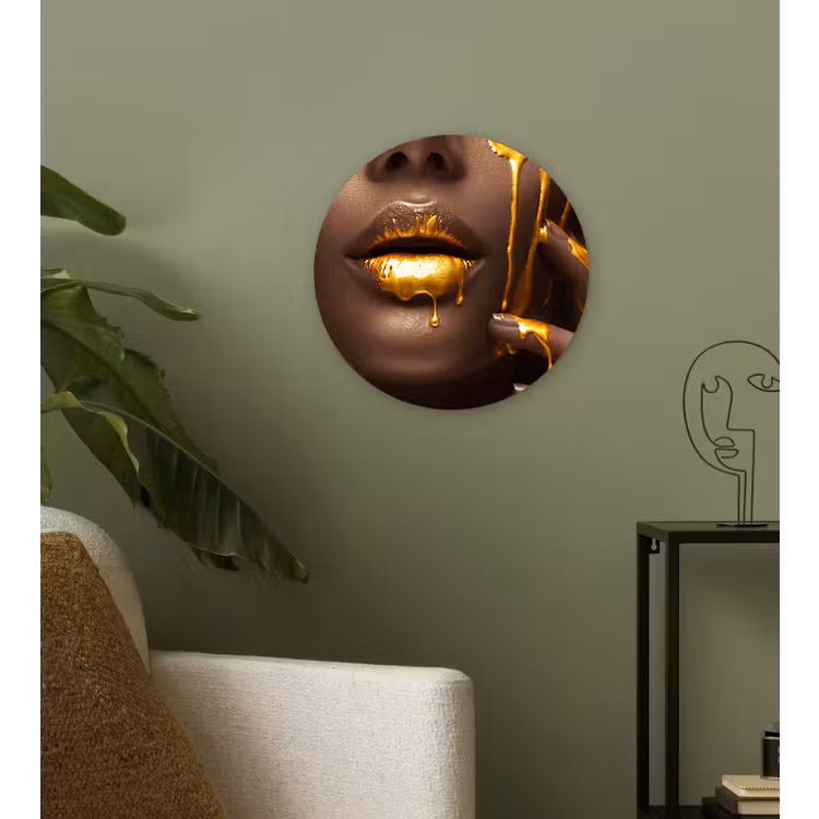 Goud - Vrouw - Verf - Lippen - Luxe Wandcirkel kunststof plaat 5mm dik klein -sfeer3