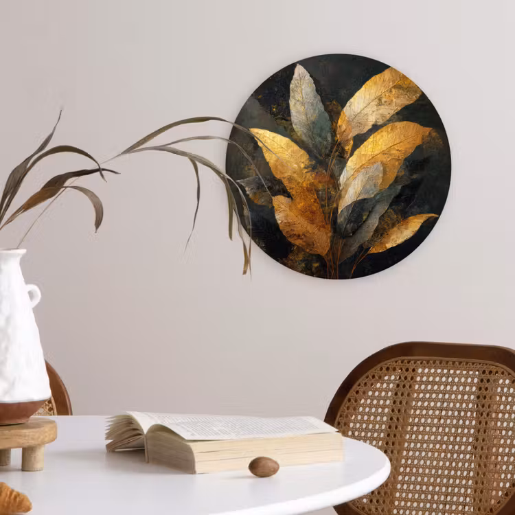 Gouden Bladcompositie – Botanische Luxe Wandcirkel kunststof plaat 5mm dik klein -sfeer4