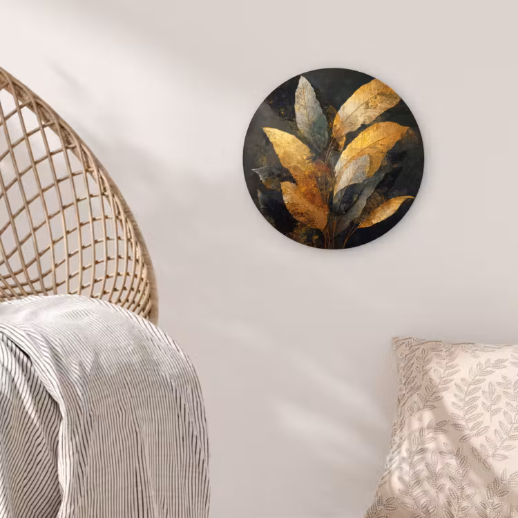 Gouden Bladcompositie – Botanische Luxe Wandcirkel kunststof plaat 5mm dik klein -sfeer5