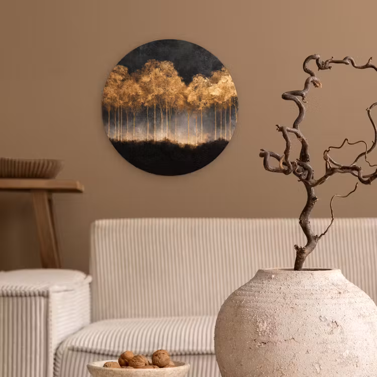 Gouden Bomen in Mistig Landschap Wandcirkel kunststof plaat 5mm dik klein -sfeer1