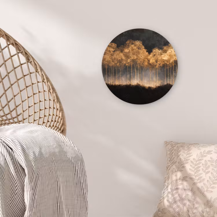 Gouden Bomen in Mistig Landschap Wandcirkel kunststof plaat 5mm dik klein -sfeer5