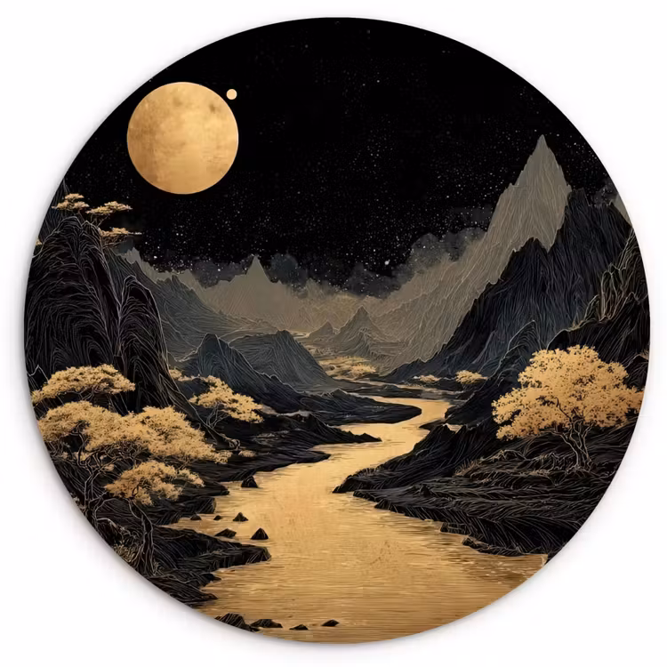 Gouden rivier - Bergen - Maan - Sterrenhemel Wandcirkel kunststof plaat 5mm dik klein -3d