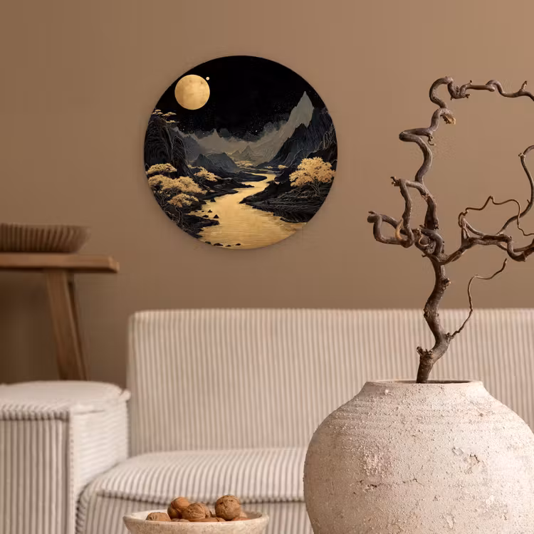 Gouden rivier - Bergen - Maan - Sterrenhemel Wandcirkel kunststof plaat 5mm dik klein -sfeer1