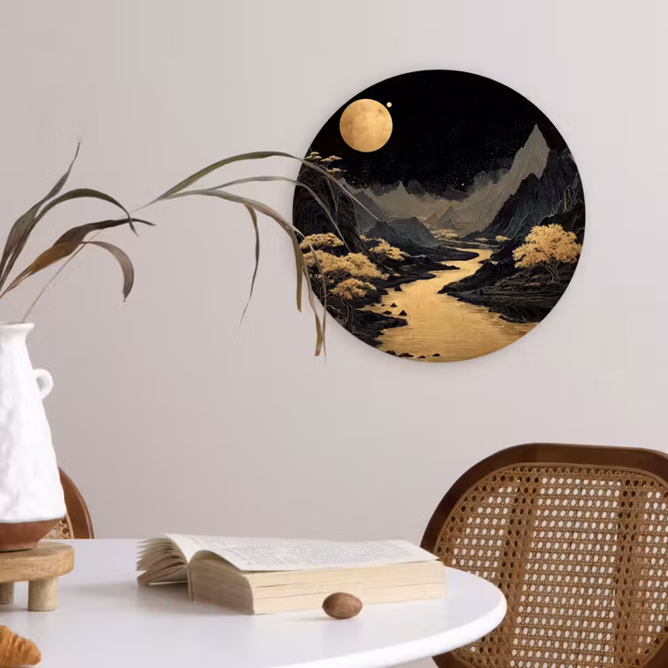 Gouden rivier - Bergen - Maan - Sterrenhemel Wandcirkel kunststof plaat 5mm dik klein -sfeer4