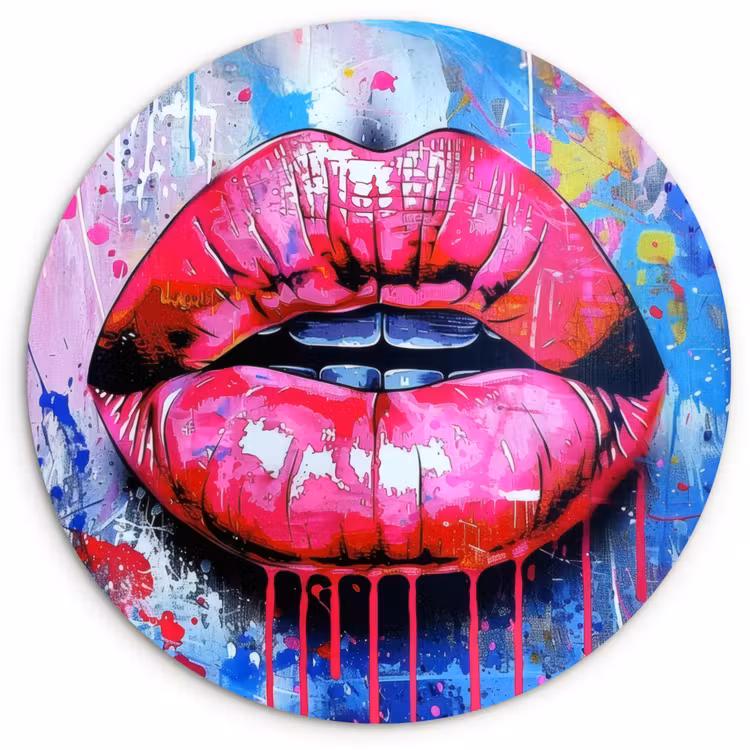Graffiti - Lippen - Felroze - Geschilderd Wandcirkel kunststof plaat 5mm dik klein -3d