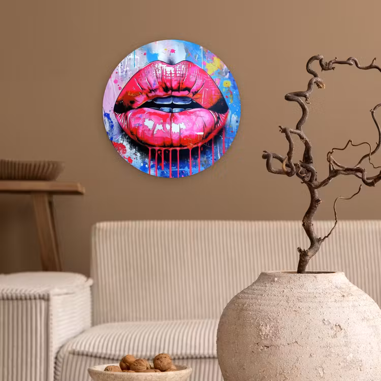 Graffiti - Lippen - Felroze - Geschilderd Wandcirkel kunststof plaat 5mm dik klein -sfeer1