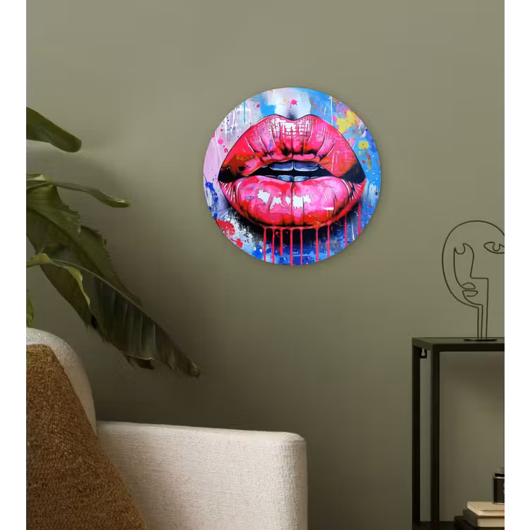 Graffiti - Lippen - Felroze - Geschilderd Wandcirkel kunststof plaat 5mm dik klein -sfeer3