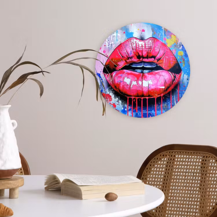 Graffiti - Lippen - Felroze - Geschilderd Wandcirkel kunststof plaat 5mm dik klein -sfeer4